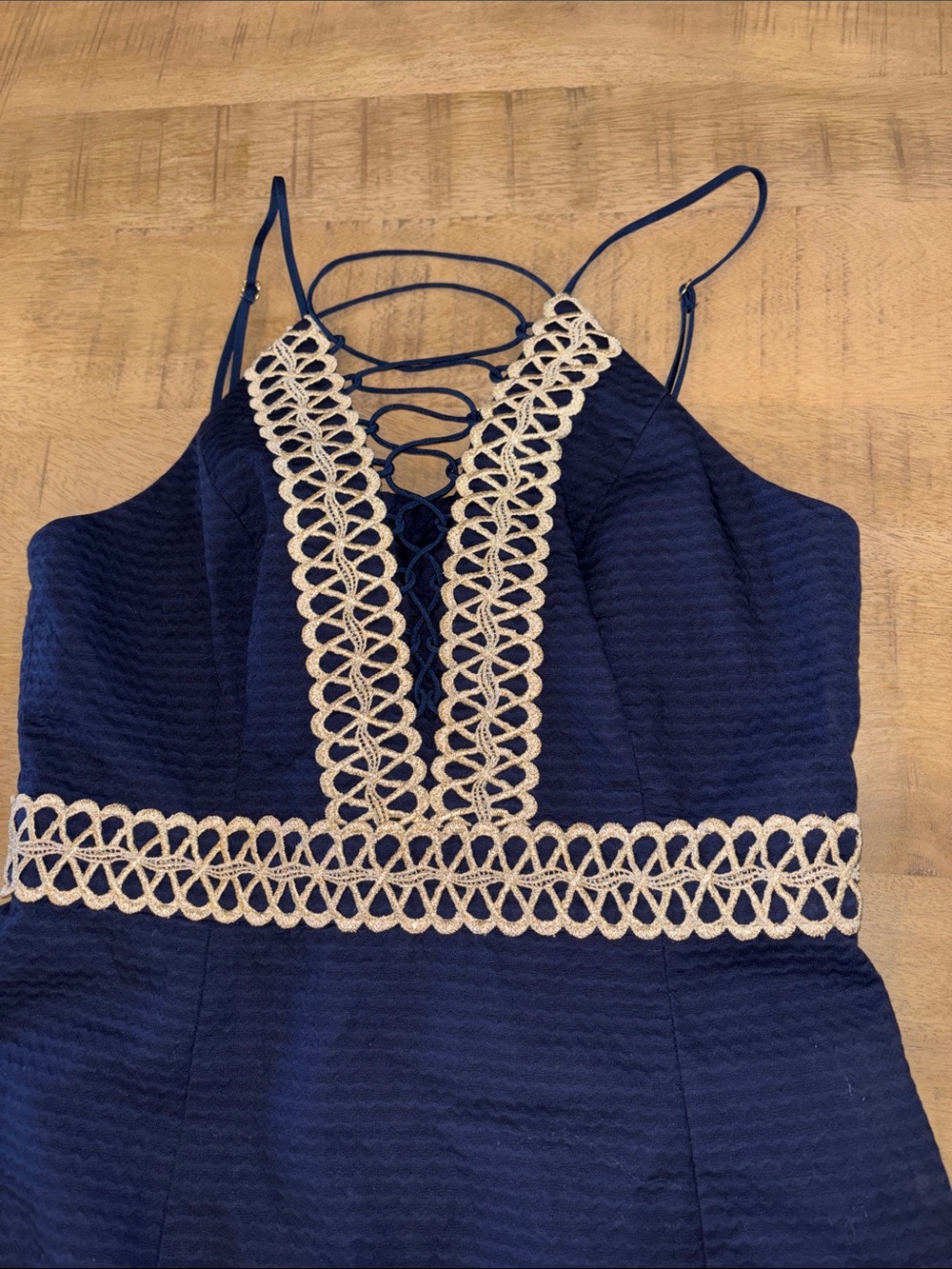 Lilly Pulitzer Trista Navy Shift Dress Gold Embroidered Trim Size 2 100% Cotton - Picture 5 of 10